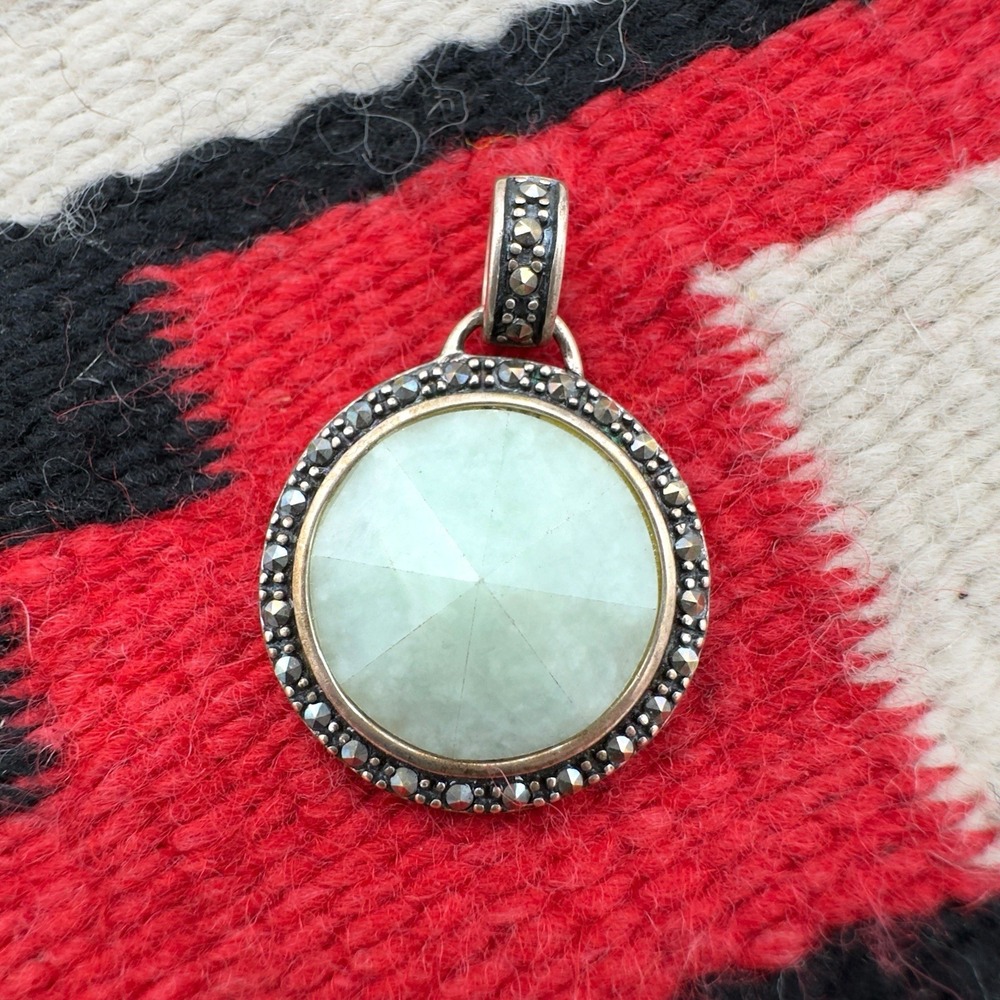 VTG Sterling Silver 925 Jade Marcasite Necklace Pendant Round Cabochon